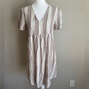 MNG Red Cream Striped V-Neck Mini Babydoll Shirt Dress Women 4 Boho Cottagecore